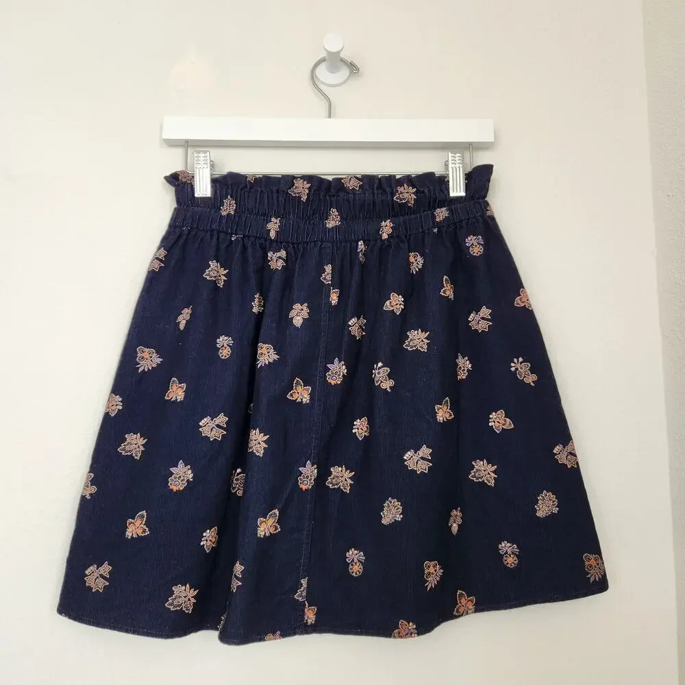 Madewell Navy Blue Boho Floral Corduroy Button Front Mini Skirt XS